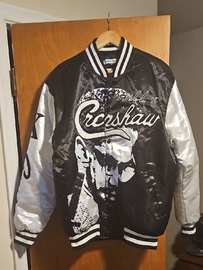 Crenshaw Black & Silver Satin Varsity Jacket Mes Pit To Pit 27in Lgth 29in